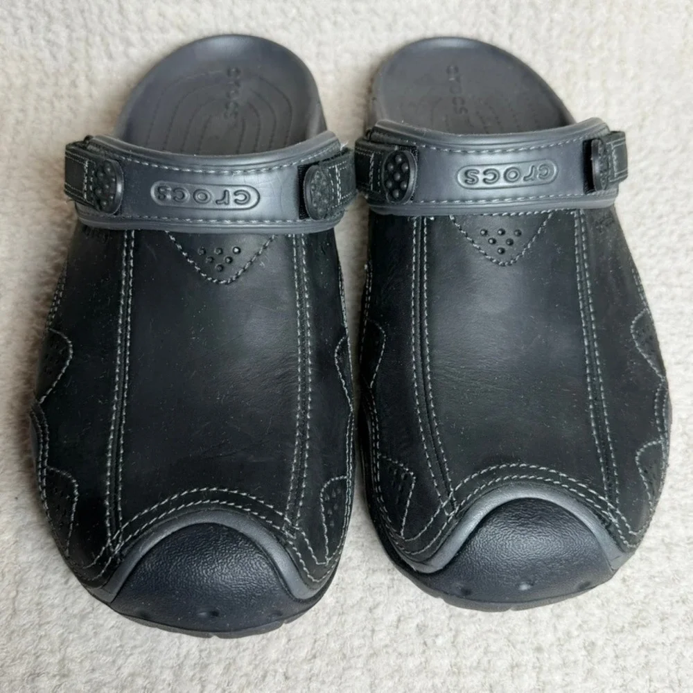 Crocs Men's Swiftwater Leather Clogs Black Gray Adjustable Strap Shoes Size 12